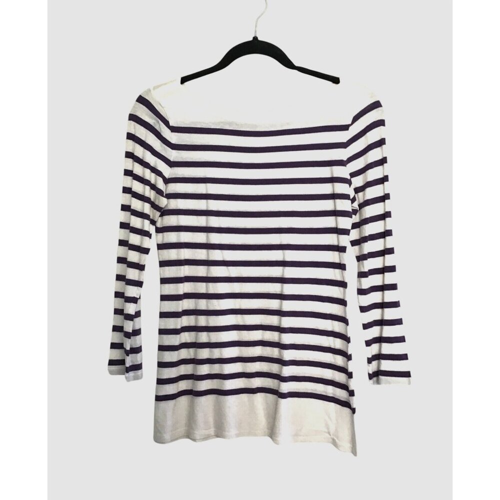 COMFORT ZONE- WOMENS WHITE/NAVY STRIPE 3/4 SLEEVE 100% COTTON SHIRT SIZE MEDIUM